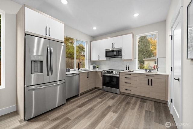 kitchen featuring sink, white cabinetry, appliances with stainless steel finishes, light hardwood / wood-style floors, and decorative backsplash