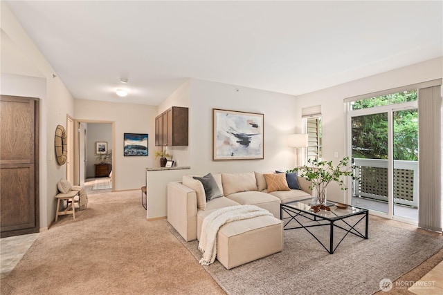 living room with light colored carpet