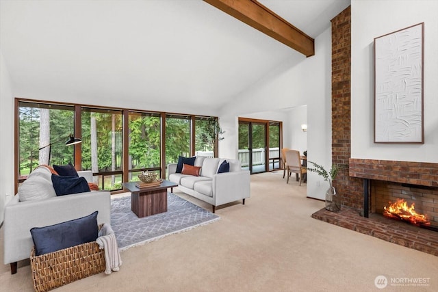 carpeted living room featuring beam ceiling, a brick fireplace, and high vaulted ceiling