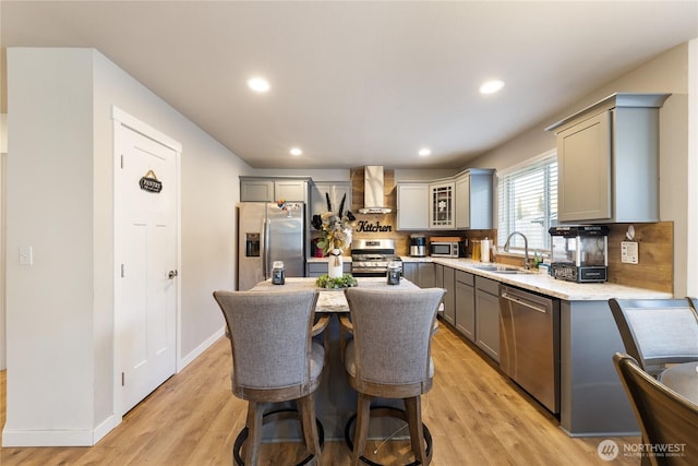 kitchen featuring wall chimney range hood, sink, gray cabinetry, stainless steel appliances, and a kitchen island