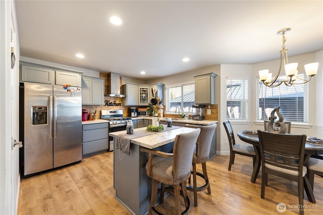 kitchen with stainless steel appliances, gray cabinetry, and wall chimney range hood