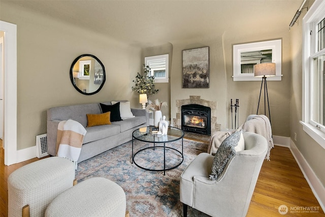 living area featuring light wood-style floors, a glass covered fireplace, a healthy amount of sunlight, and baseboards