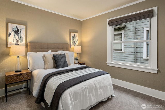 carpeted bedroom featuring baseboards, crown molding, and a textured wall