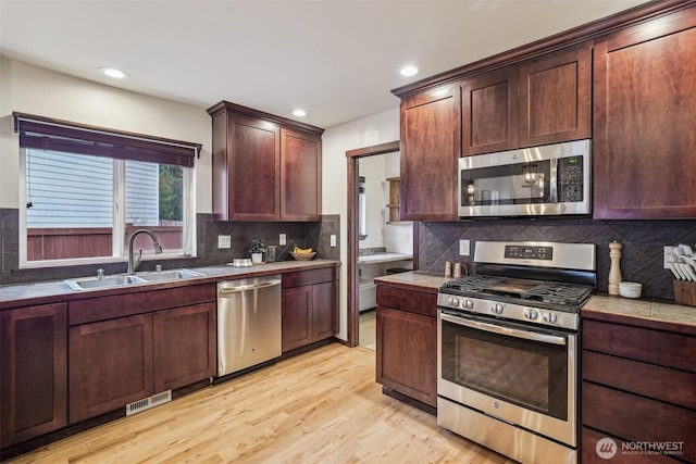 kitchen with visible vents, a sink, backsplash, appliances with stainless steel finishes, and light wood finished floors