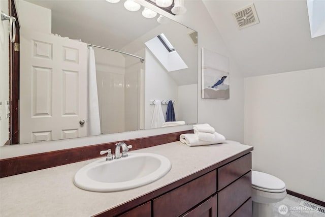 full bath with lofted ceiling with skylight, visible vents, toilet, and vanity