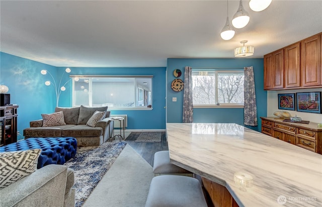 living area featuring wood finished floors and baseboards