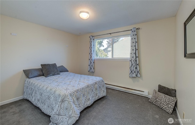 carpeted bedroom featuring a baseboard radiator and baseboards