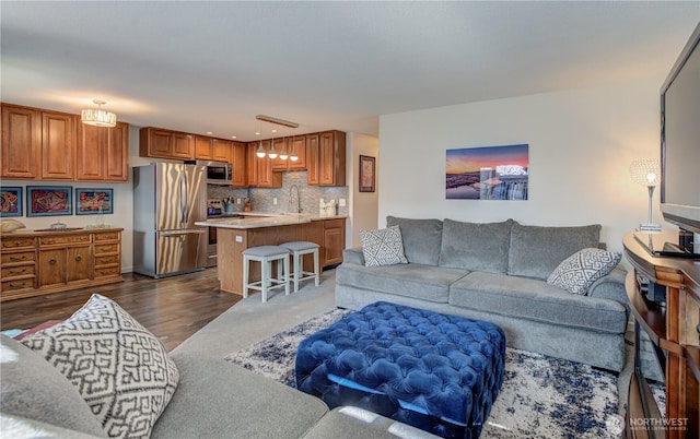 living area featuring dark wood-type flooring