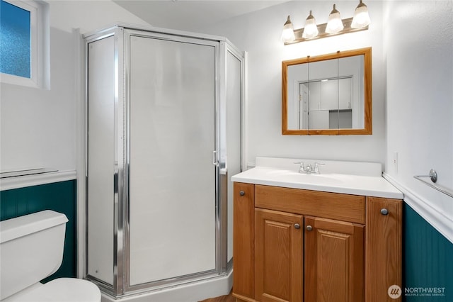 9901 S 232nd St, Kent, WA 98031 - bathroom featuring vanity, toilet, and a shower with door
