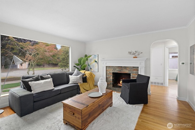 living room with ornamental molding, light wood-type flooring, and a fireplace