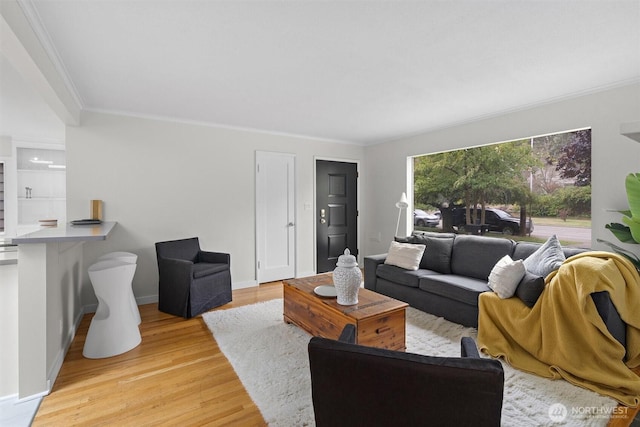 living room featuring ornamental molding and light hardwood / wood-style floors