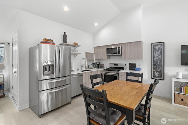 kitchen featuring high vaulted ceiling, stainless steel appliances, and sink