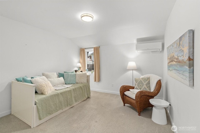 living area with lofted ceiling, a wall mounted air conditioner, and light colored carpet