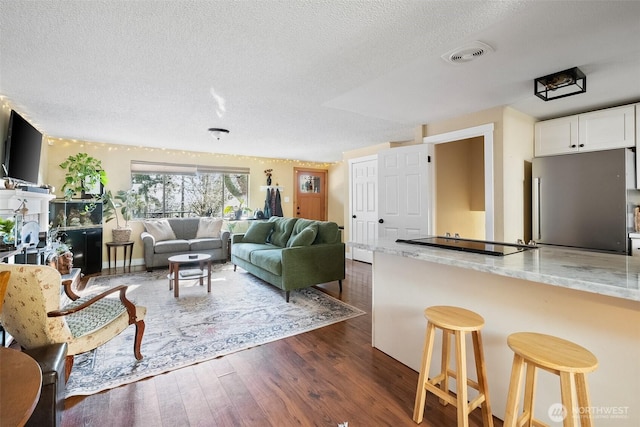 living room featuring dark hardwood / wood-style flooring and a textured ceiling