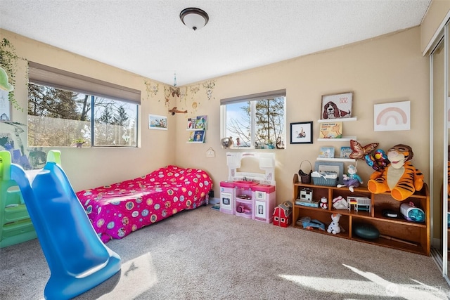 bedroom featuring multiple windows, carpet flooring, and a textured ceiling