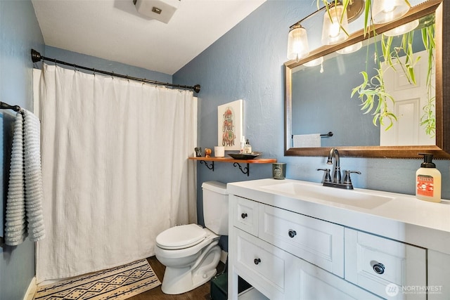 bathroom featuring vanity, toilet, and wood-type flooring