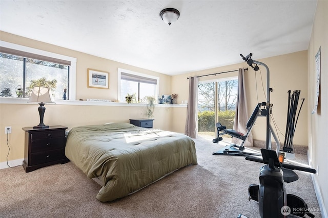 bedroom featuring carpet floors and access to outside