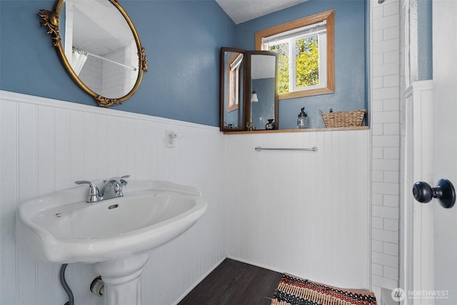 bathroom featuring wood-type flooring, sink, and curtained shower