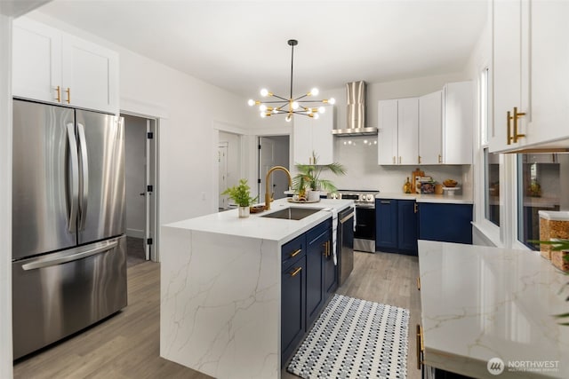 kitchen with blue cabinetry, wall chimney exhaust hood, sink, stainless steel appliances, and white cabinets