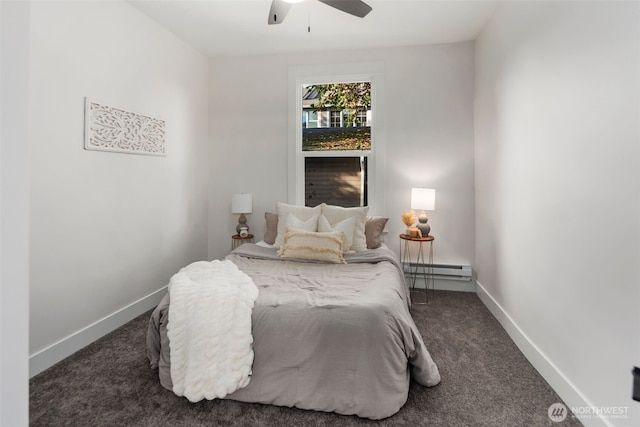 bedroom featuring a baseboard radiator, ceiling fan, and dark carpet