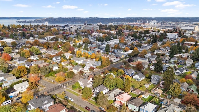 drone / aerial view with a water view