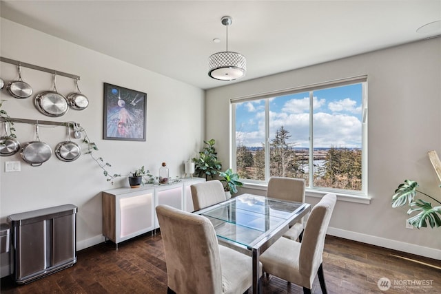 dining area with dark wood-style flooring and baseboards