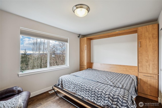 bedroom featuring multiple windows, baseboards, and dark wood-type flooring