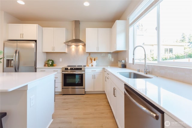 kitchen with sink, appliances with stainless steel finishes, white cabinetry, tasteful backsplash, and wall chimney exhaust hood