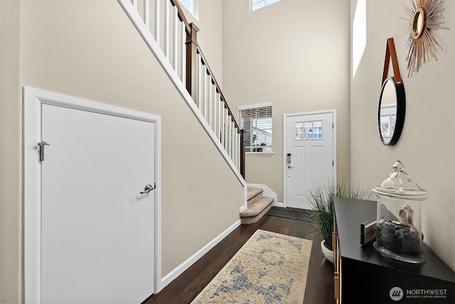 foyer entrance with a high ceiling and dark hardwood / wood-style flooring