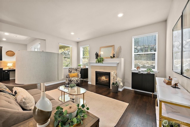 living room featuring a tiled fireplace, radiator heating unit, and dark hardwood / wood-style floors