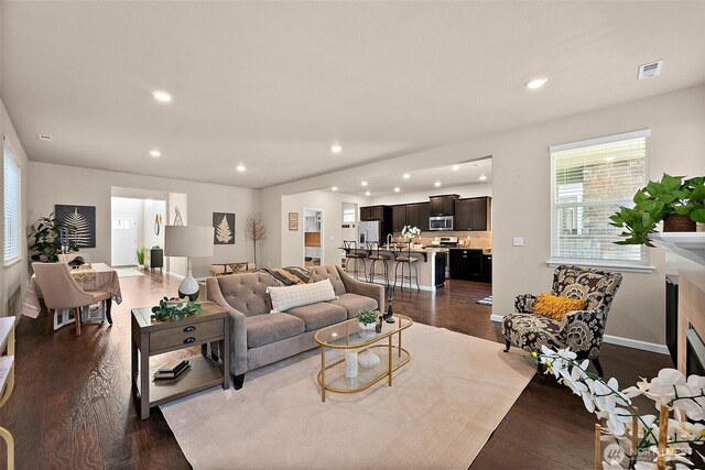 living room featuring dark wood-type flooring