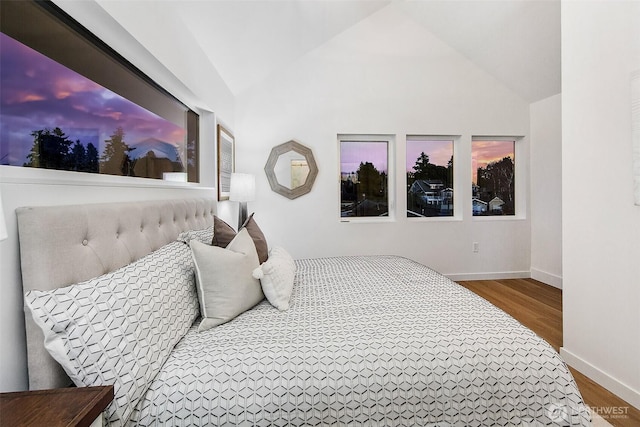 bedroom featuring lofted ceiling and dark hardwood / wood-style floors