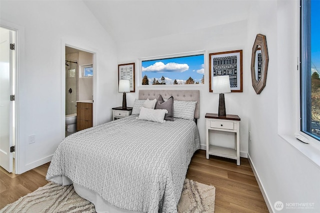 bedroom featuring multiple windows, vaulted ceiling, and light hardwood / wood-style flooring