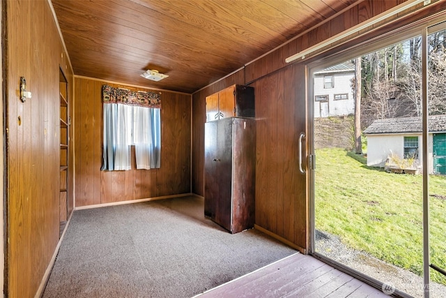 interior space with wood ceiling and wooden walls