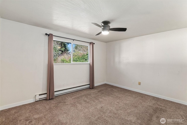 unfurnished room with carpet, baseboards, baseboard heating, and ceiling fan