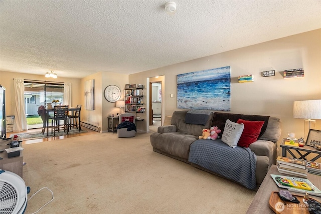 living area featuring a textured ceiling, carpet, and a baseboard radiator