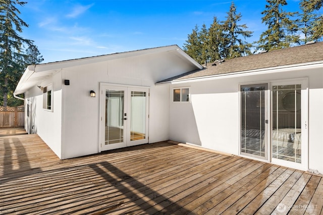 wooden terrace featuring french doors