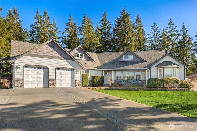 view of front of property with a garage, stone siding, concrete driveway, and a front yard