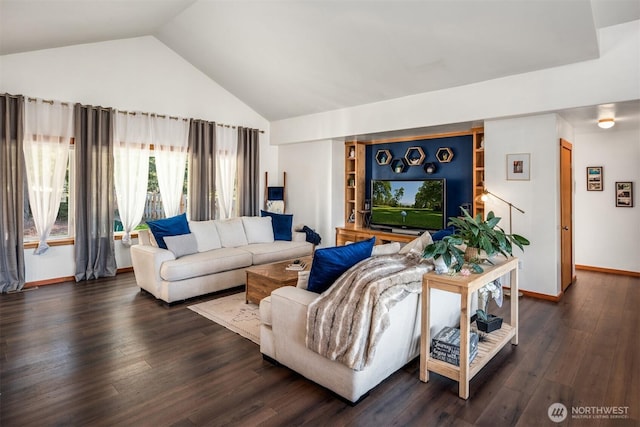 living area with lofted ceiling, dark wood-style flooring, and baseboards