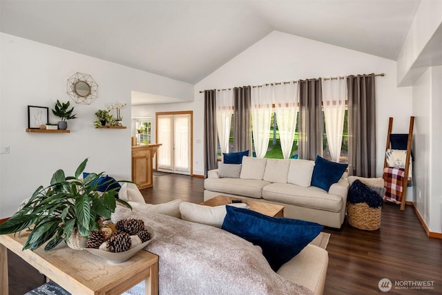 living room featuring lofted ceiling, dark wood-style flooring, and baseboards