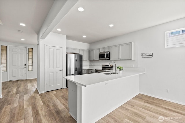 5401 Parkside Dr SE, Lacey, WA 98503 - kitchen featuring appliances with stainless steel finishes, gray cabinets, a peninsula, recessed lighting, and light countertops
