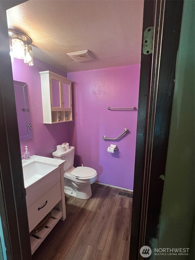 bathroom featuring toilet, vanity, wood-type flooring, and a textured ceiling