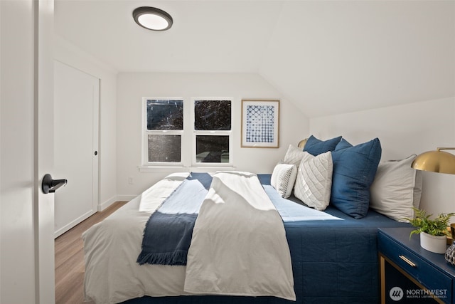 bedroom featuring hardwood / wood-style flooring and vaulted ceiling