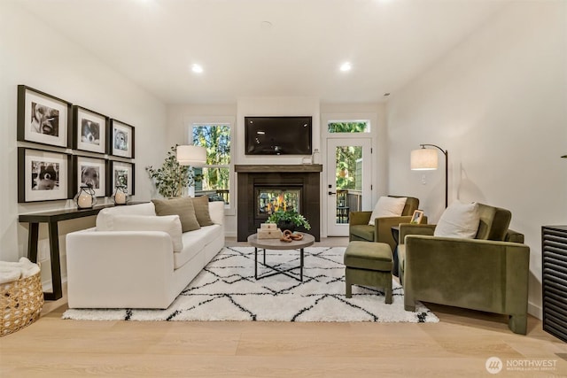 living room with plenty of natural light and light hardwood / wood-style flooring