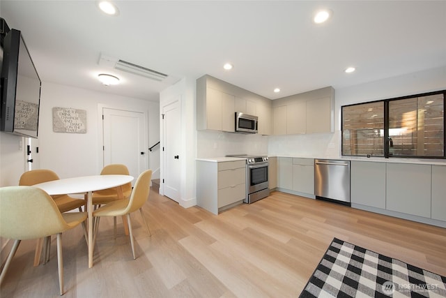 kitchen featuring sink, light hardwood / wood-style flooring, gray cabinets, stainless steel appliances, and decorative backsplash