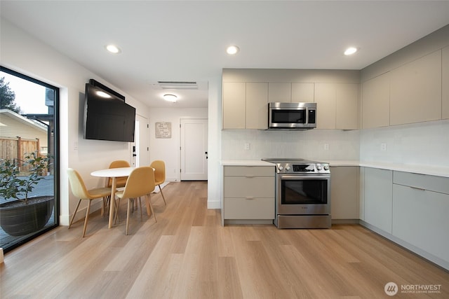 kitchen featuring light hardwood / wood-style flooring, backsplash, gray cabinets, and stainless steel appliances