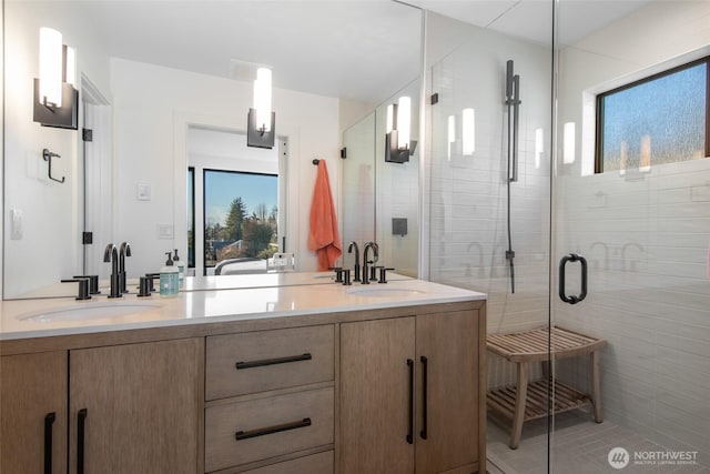 bathroom featuring vanity and a shower with shower door