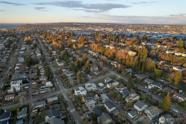 view of aerial view at dusk