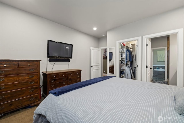 carpeted bedroom featuring a spacious closet and a closet