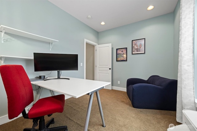 home office with light colored carpet